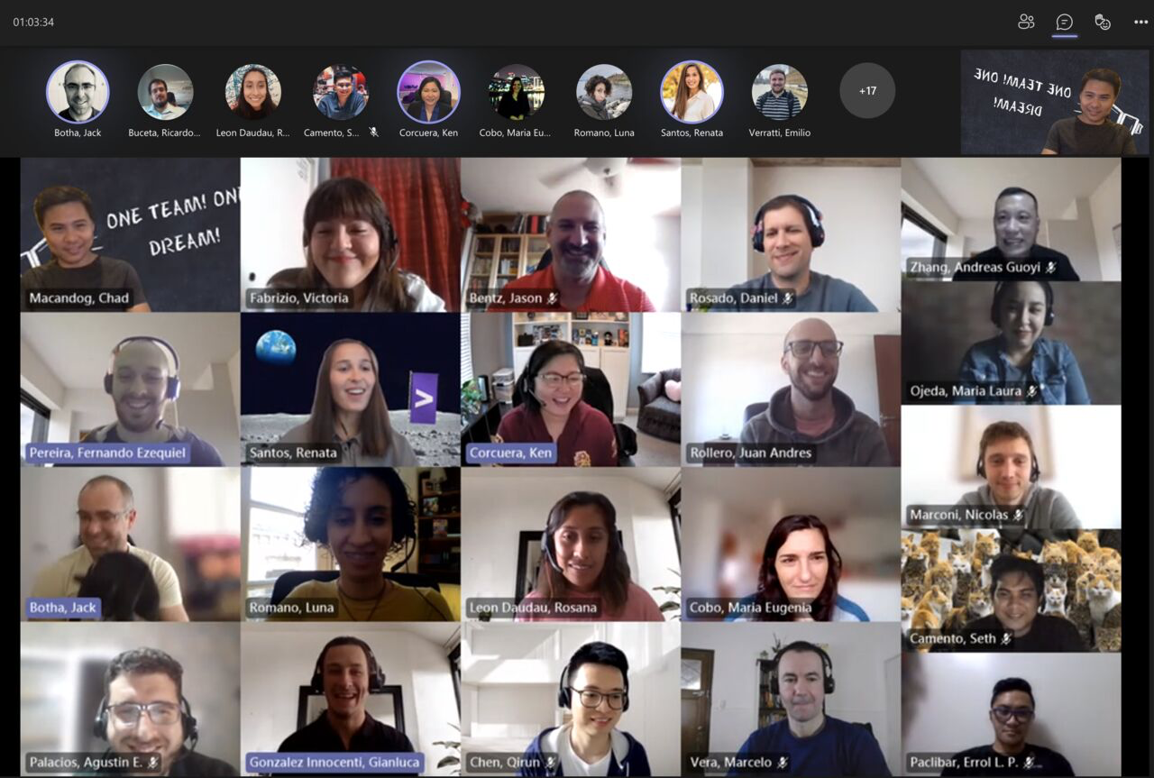 Members of the globally distributed multidisciplinary product team meeting over video