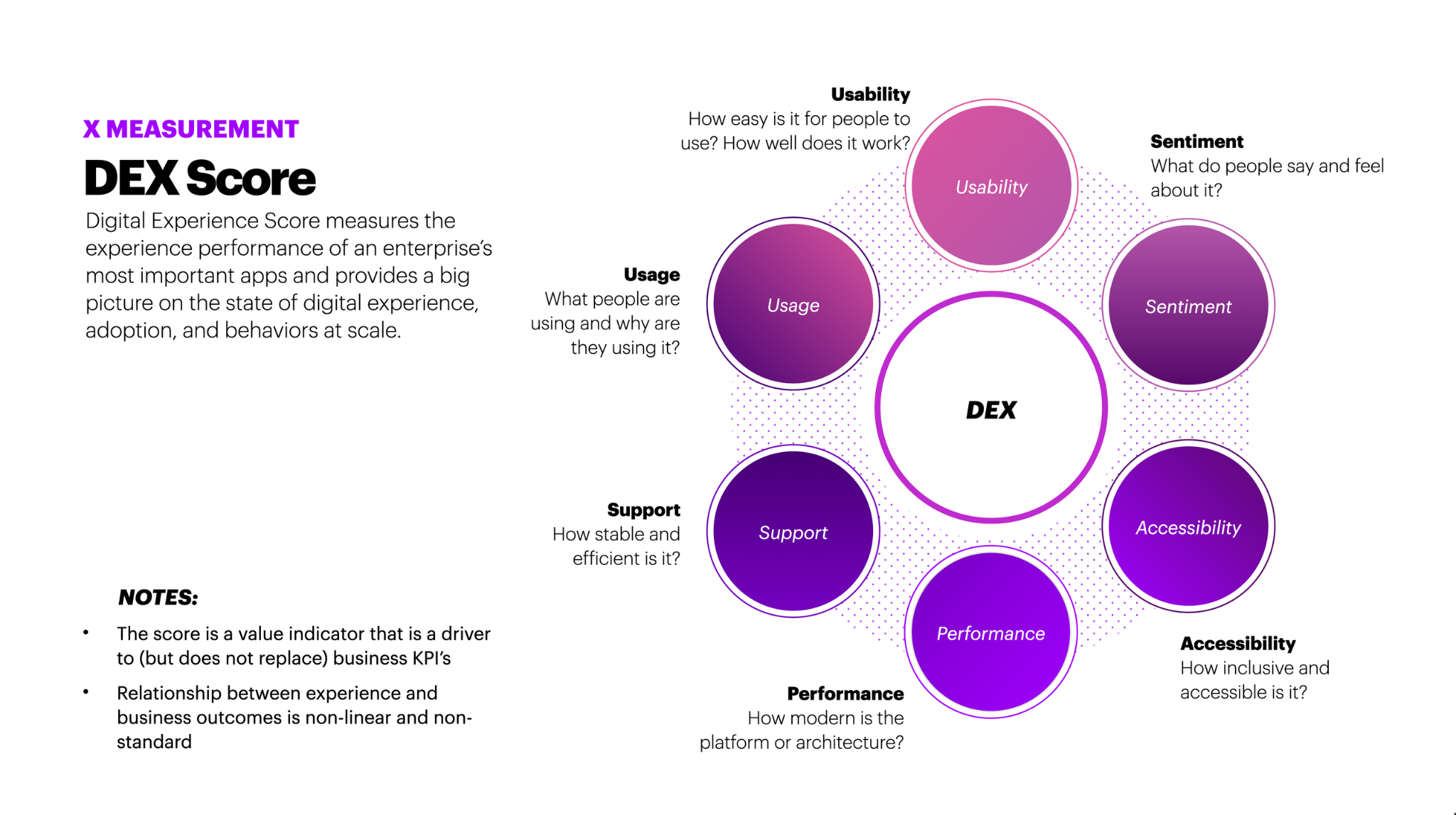 Digital Experience Score framework combining usage, usability, sentiment, accessibility, performance and support