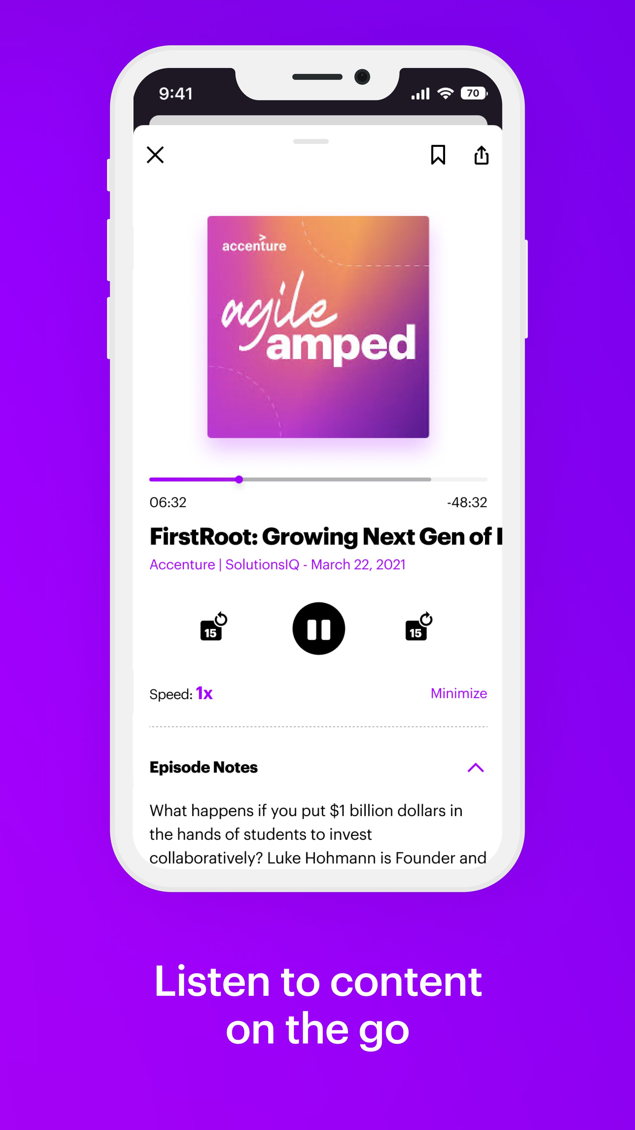 Accenture Foresight audio player for listening to thought leadership on the go