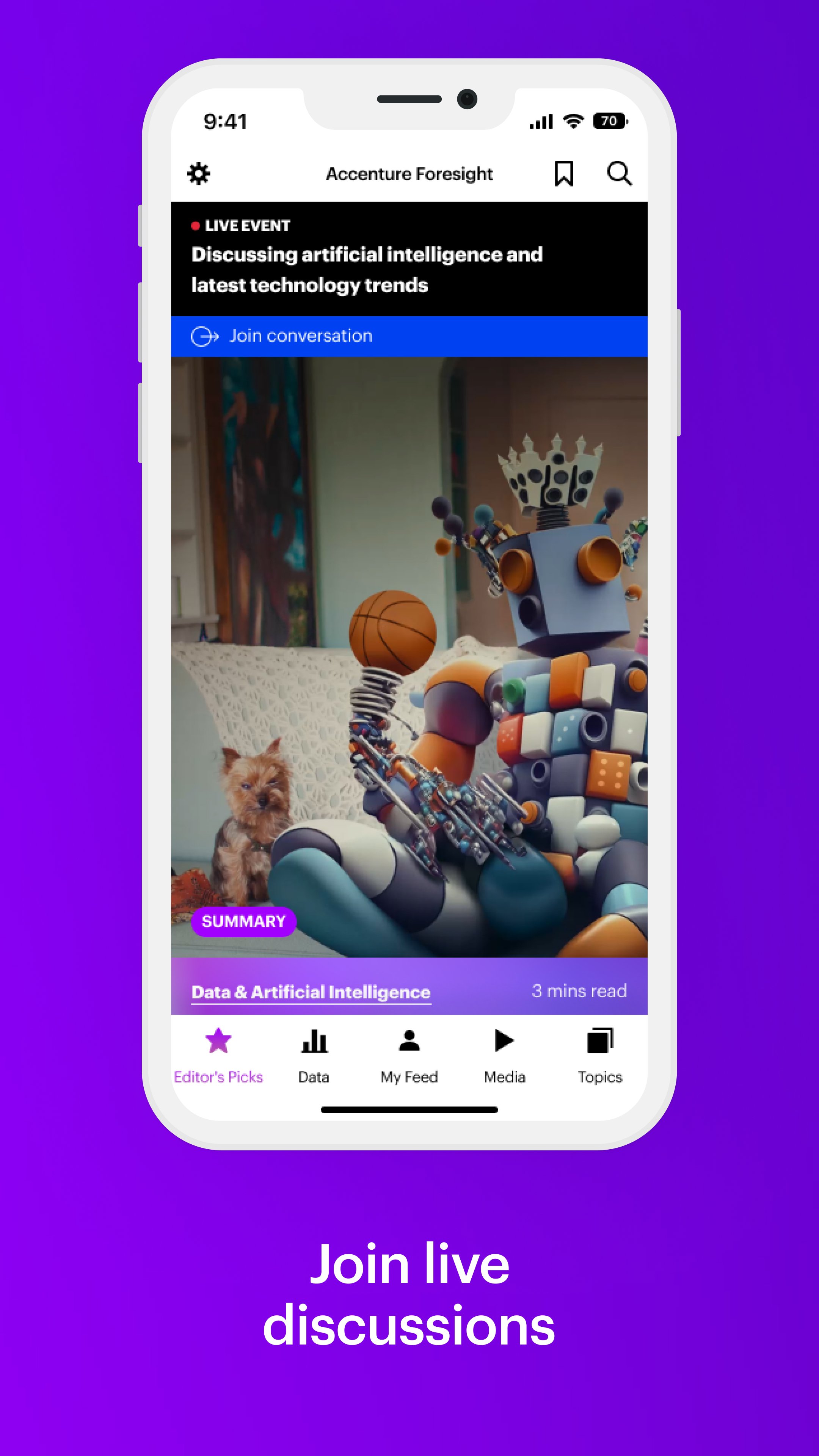 Accenture Foresight screen for joining a live artificial intelligence discussion