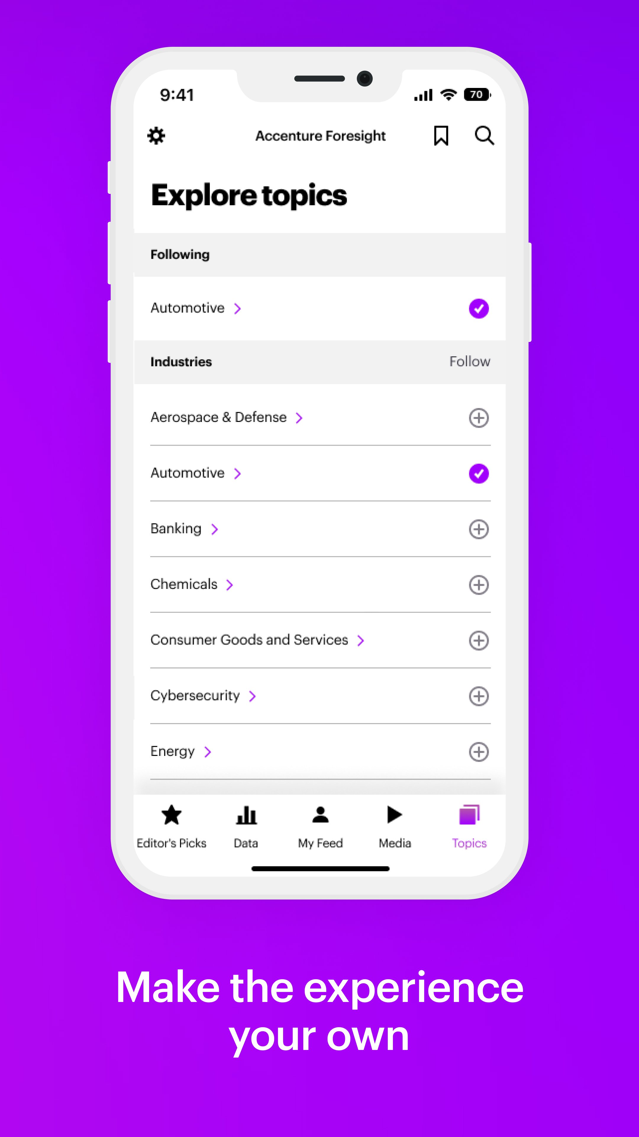 Accenture Foresight screen for following industries and personalizing topics
