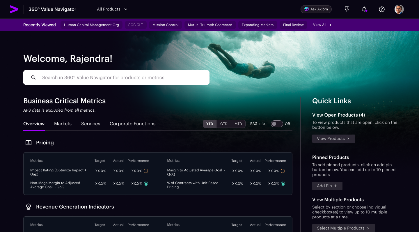 360° Value Navigator original home-page experience