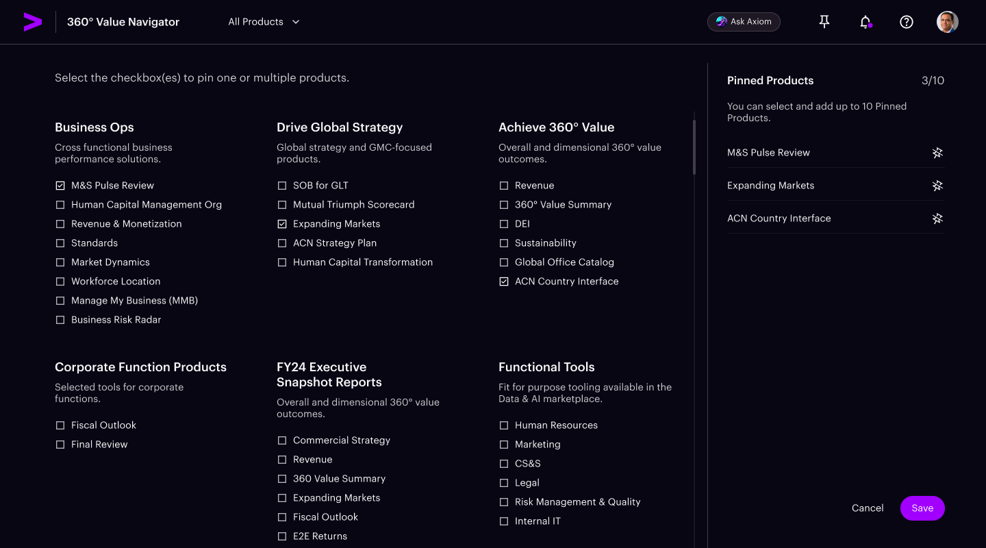 360° Value Navigator screen for selecting and pinning frequently used products