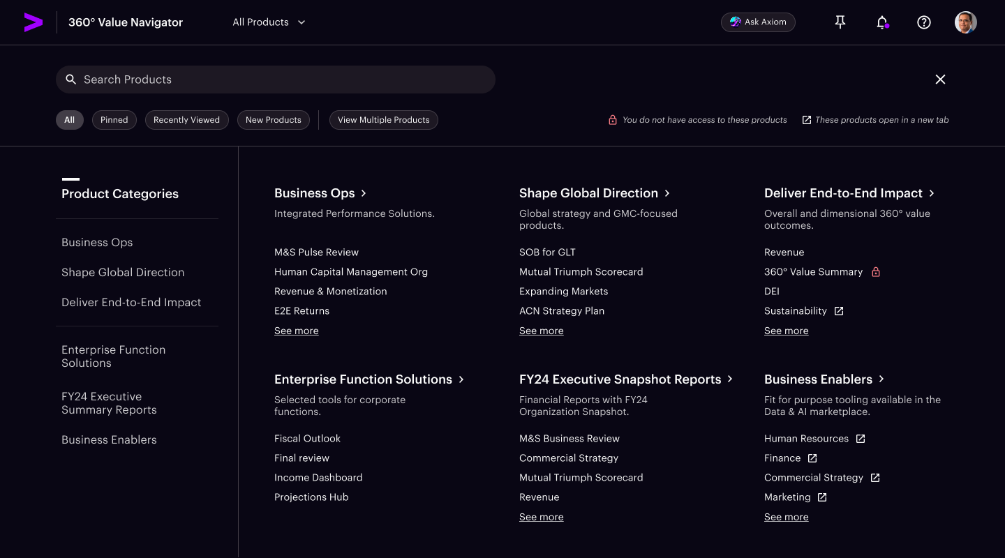 360° Value Navigator product discovery screen organized by business categories